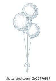 Vector illustration of a group of three helium Balloons tied together with a bow. Drawing in outline style for childish party greeting cards or Baby shower invitations. Linear sketch for celebration.