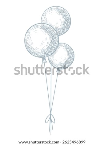 Vector illustration of a group of three helium Balloons tied together with a bow. Drawing in outline style for childish party greeting cards or Baby shower invitations. Linear sketch for celebration.