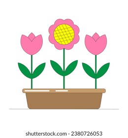 Vector illustration of a group of three pink flowers with green leaves in the brown pot isolated on a white background