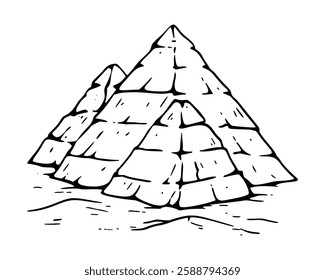 A vector illustration of a group of three pyramids in Egypt, depicted in black and white, isolated.