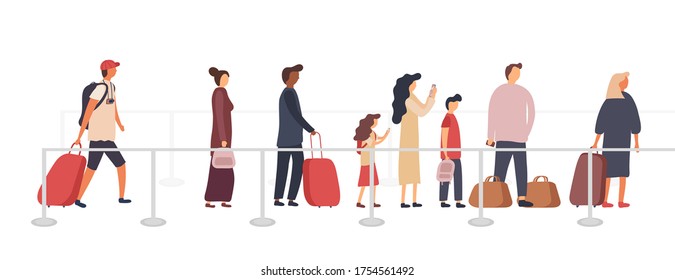 Vector illustration. Group of tourists in line with luggage. People at the airport. Travel adventure concept. Family, children, men, women. Flat cartoon design. People standing and waiting.