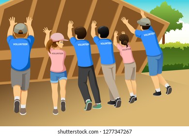 A Vector Illustration Of Group Of Volunteers Building A House Together 