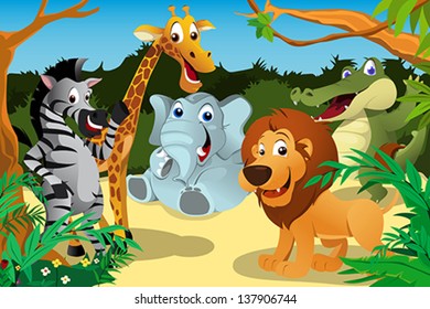 A vector illustration of a group of wild African animals in the jungle