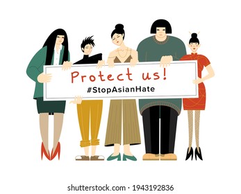 A vector illustration of a group of women of asian origin protesting against the racial hatred with the sign banner stop asian hate. A demonstration on social injustice problem, xenophobia, misogyny.