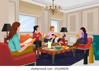 A Vector Illustration Of  Group Of Women In A Book Club Meeting