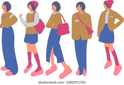 Vector illustration of a group of women in casual clothes. Female characters in a flat style.
