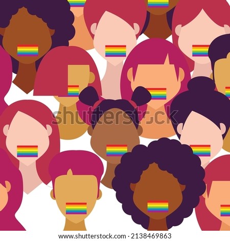 Vector illustration - a group of women of different races with rainbow gags taped over their mouths. Concept rights of lesbians