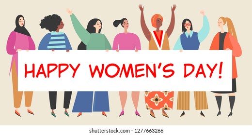 Vector illustration with a group of women holding a big banner with congratulations to the International Women's Day. Happy young women of different nationalities