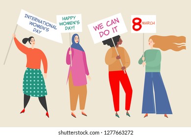 Vector illustration with a group of women holding placards with congratulations to the International Women's Day. Happy young women of different nationalities