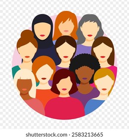 Vector illustration of group of women portrait in a circle on transparent background