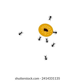 Vector illustration of a group of worker ants walking carrying food together on a white background. Ants eat cake. Hard work concept