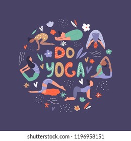 Vector illustration - group of yoga woman. Do yoga concept. Lettering text