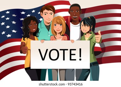 A vector illustration of a group of young adults holding a "Vote" sign