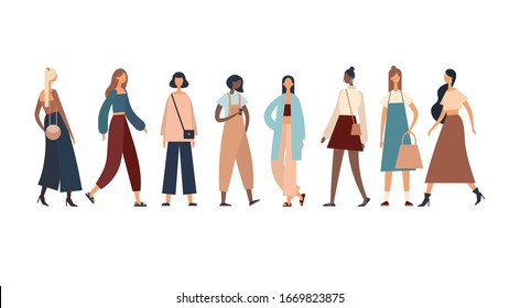 Vector illustration of group of young contemporary multiethnic ladies wearing various fashionable clothes and accessories and standing in line together