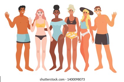 Vector illustration of a group of young  diverse man and woman in swimsuits having fun on the beach or near the water. Smiling and happy friends on a vacation isolated on a white background.