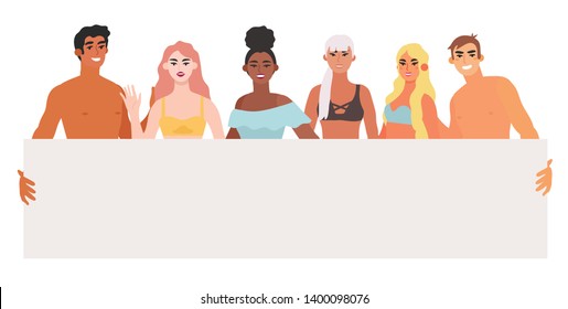 Vector illustration of a group of young  diverse man and woman in swimsuits holding a placard and inviting to a beach party. Smiling and happy friends on a sea vacation isolated on a white background.