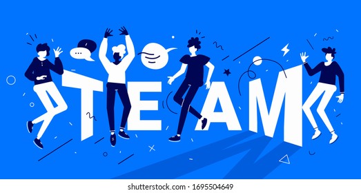 Vector illustration of group of young happy business people on blue background with word team. Crowd of enjoying communication man and woman. Flat cartoon style office team design for web banner