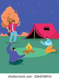 Vector illustration group of young man enjoy camping in the forest with night sky background.