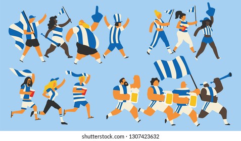 Vector illustration of a group of young and old men and women celebrating a sports team victory with flags, drinks and trumpets. Isolated and with editable colors