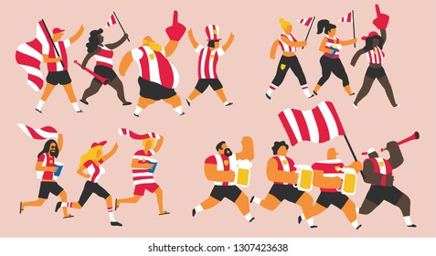 Vector illustration of a group of young and old men and women celebrating a sports team victory with flags, drinks and trumpets. Isolated and with editable colors