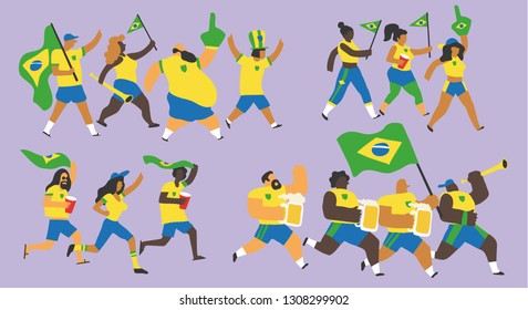 Vector illustration of a group of young and old men and women in sports clothes and jerseys celebrating Brasil's national team victory with flags, drinks and trumpets. Isolated with editable colors