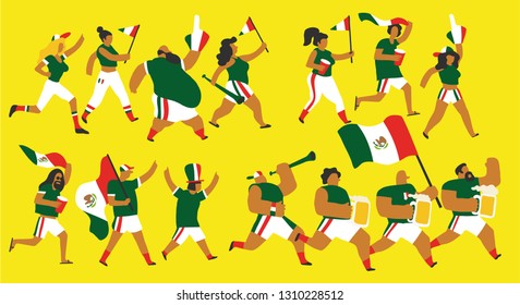 Vector illustration of a group of young and old men and women in sports clothes and jerseys celebrating the victory of Mexico national team with flags, and trumpets. Isolated and with editable colors