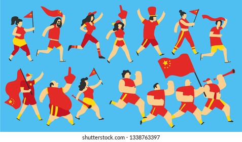 Vector illustration of a group of young and old men and women in sports clothes and jerseys celebrating China national team victory with flags, drinks and trumpets. Isolated and with editable colors