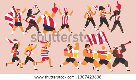 Vector illustration of a group of young and old men and women celebrating a sports team victory with flags, drinks and trumpets. Isolated and with editable colors