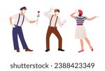 Vector illustration of a group of young people performing pantomime. Cartoon scenes with boys and girls actors mime with different emotions, gestures and poses: a boy gives a girl a rose .