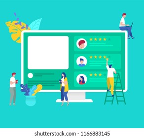 vector illustration of group young people giving feedback five star rating vector template background isolated, can be use for presentation, web design, banner ui ux, landing page, book cover, flyer