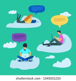 Vector illustration a group of young people working together on the Internet, friendly correspondence