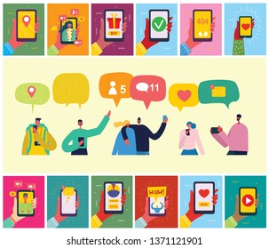 Vector illustration of group of young people characters chatting, using smartphone for Website or Web Page. Concept of virtual communication and social network page. 