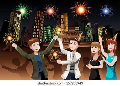 A vector illustration of group of young people celebrating New Year