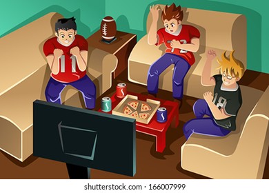 A Vector Illustration Of Group Of Young People Watching American Football On TV And Eating Pizza And Drinking Soda