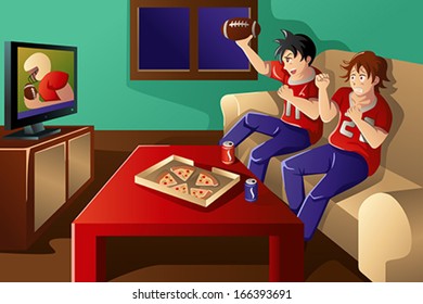 A Vector Illustration Of Group Of Young People Watching American Football On TV And Eating Pizza And Drinking Soda