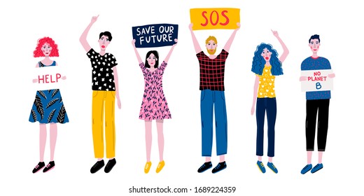 Vector illustration, group of young people protesting about earth, climate change, human rights