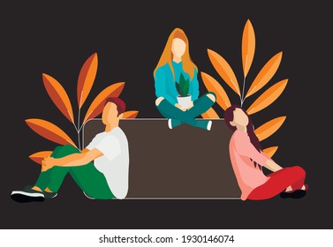 Vector illustration of a group of young people sitting
in relaxed poses. Two girls and a guy sit on a black background with branches. One of the girls is holding a pot with a plant. 