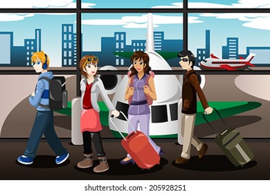A vector illustration of group of young people  traveling together in the airport