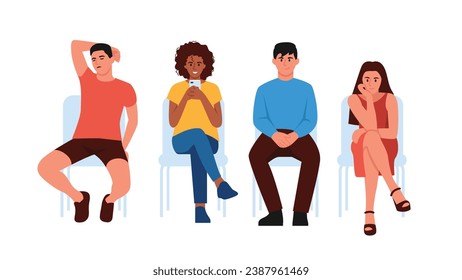 Vector illustration of a group of young people sitting on chairs. Cartoon scene of boys and girls sitting on chairs in different poses and emotions: sleeping, looking at the phone, sitting calmly.