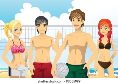 A vector illustration of a group of young people playing beach volleyball
