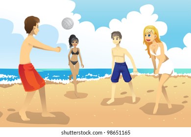 A vector illustration of a group of young people playing beach volleyball