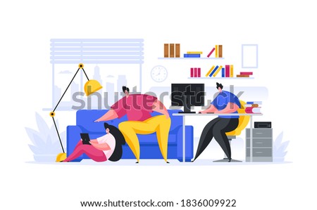 Vector illustration of group of young people using tablet and computer to watch online course during remote studies at home