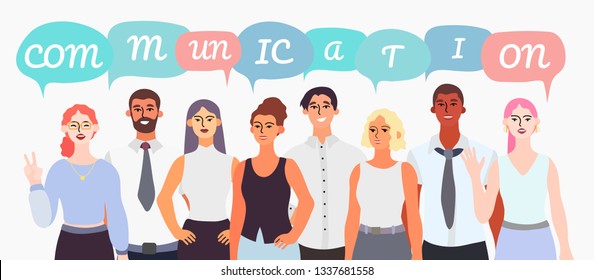 Vector illustration of a group of young smiling people having a conversation, communication, teamwork or team building concept.