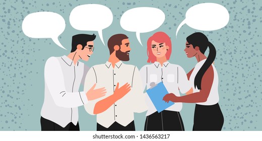 Vector illustration of a group of young smiling people having a conversation, communication, teamwork or team building concept. Colleagues discuss a new startup project on a meeting.