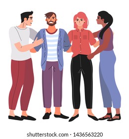 Vector illustration of a group of young smiling men and women students, co workers, friends, colleagues hugging, talking, having a conversation, discussing work, project,univesity or college life.