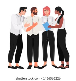 Vector illustration of a group of young smiling people having a conversation, communication, teamwork or team building concept. Colleagues discuss a new startup project on a meeting.