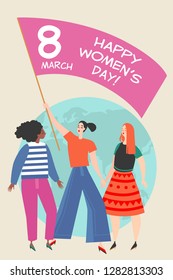 Vector illustration with a group of young women differtnt nationalities holding flag with congratulations to the International Women's Day. 