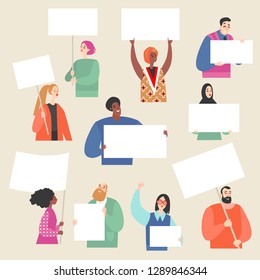 Vector illustration with a group of young women and men holding placards and banners.  Colorful  cartoon  characters. 