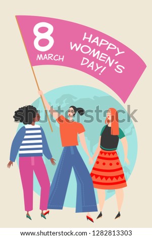 Vector illustration with a group of young women differtnt nationalities holding flag with congratulations to the International Women's Day. 