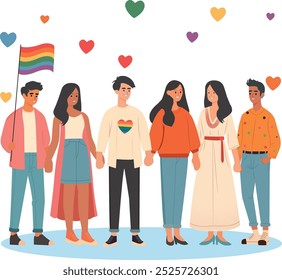 Ilustración vectorial de un grupo de jóvenes de sexualidad múltiple marchando por el mes del orgullo para Asistencia la actividad LGBTQIA con la bandera del arco iris por la diversidad y la inclusión